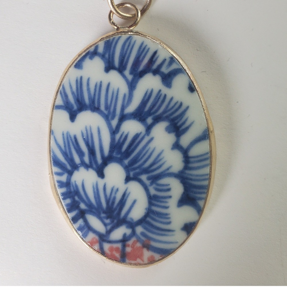 Blue & White Porcelain Floral Oval Pendant Broken‎ China Chinoiserie Jewelry - Picture 10 of 10